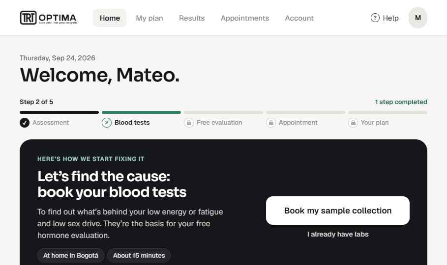 Opti on a laptop: patient home at step 2 of 5, booking blood tests